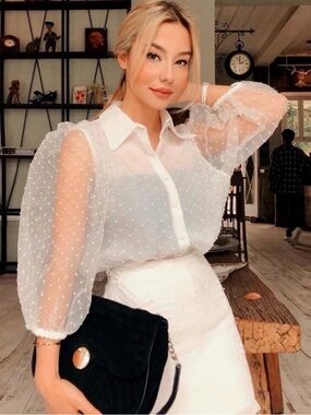 Zara White Sheer Swiss Dot Puff-Sleeve Blouse